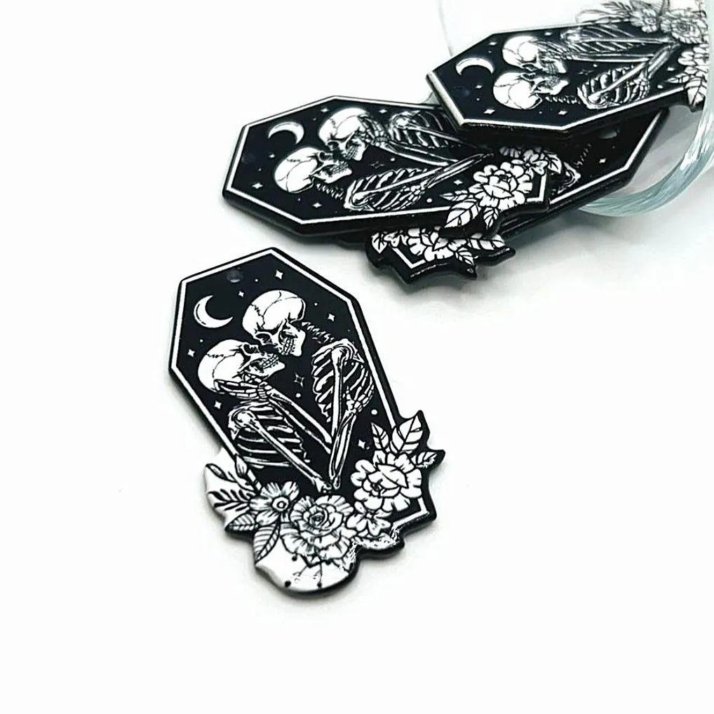 1, 4 or 20 Pieces: Black Skeleton Lovers in Coffin Charms, Goth Lovers, Love is Eternal: Double Sided