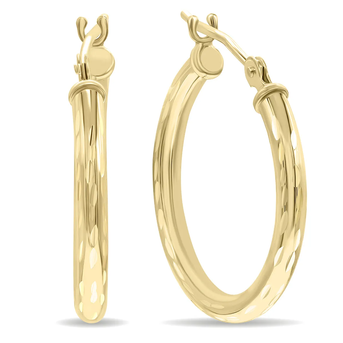 10K Yellow Gold Shiny Diamond Cut Engraved Hoop Earrings (20mm)