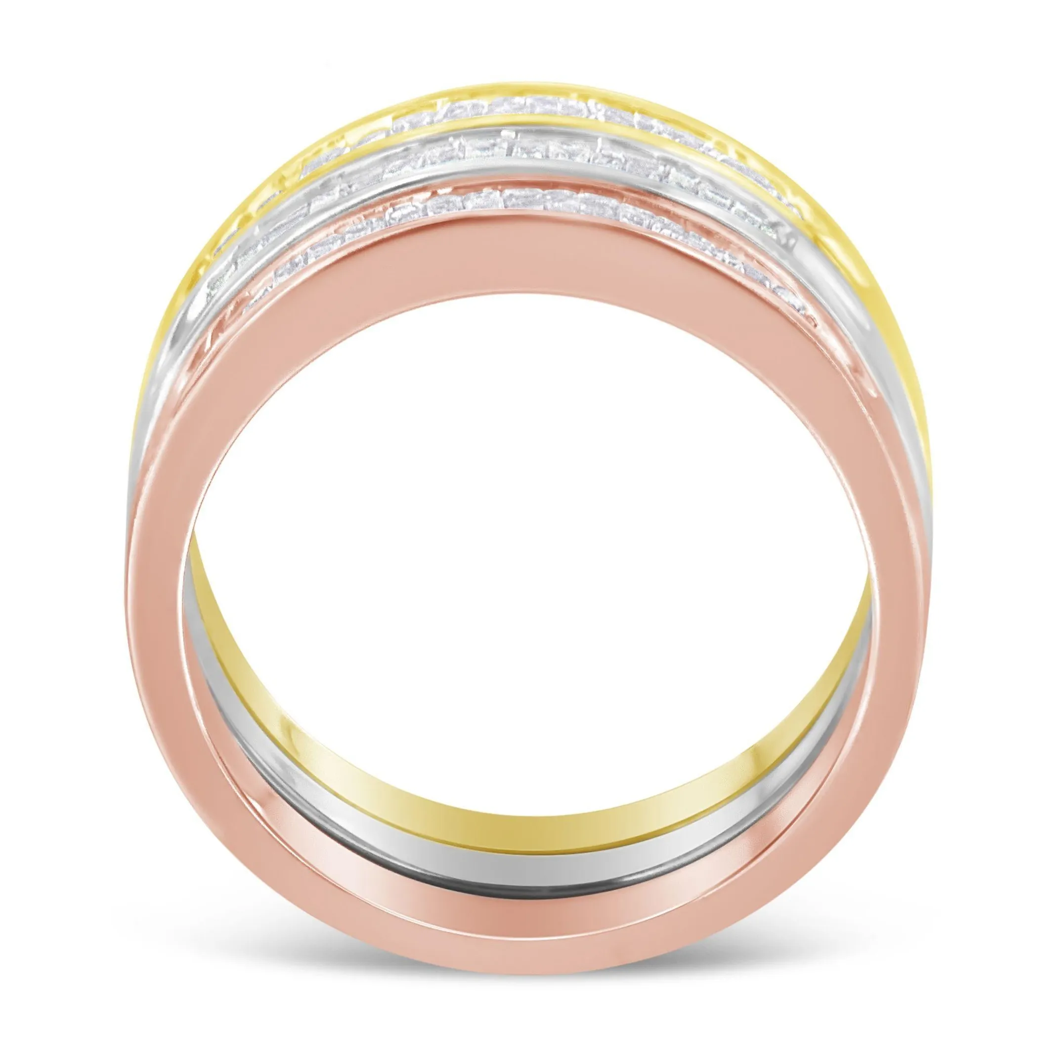 10K Yellow, White and Rose Gold over .925 Sterling Silver 5/8 Cttw Diamond Channel-Set Stackable Band Ring Set (H-I Color, I1-I2 Clarity)