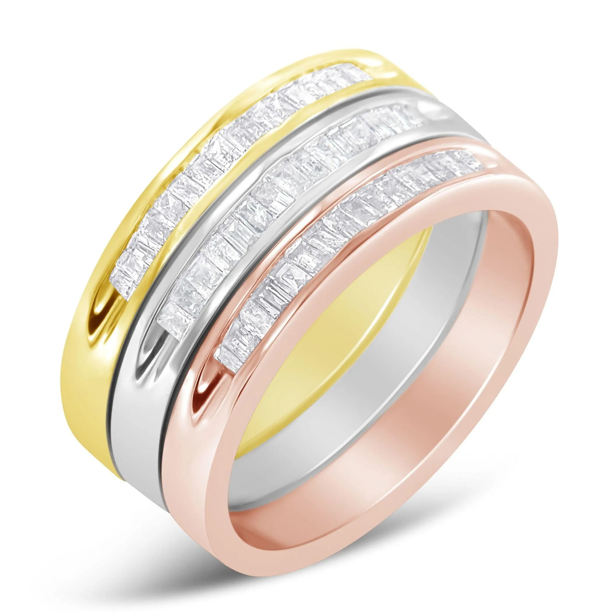 10K Yellow, White and Rose Gold over .925 Sterling Silver 5/8 Cttw Diamond Channel-Set Stackable Band Ring Set (H-I Color, I1-I2 Clarity)