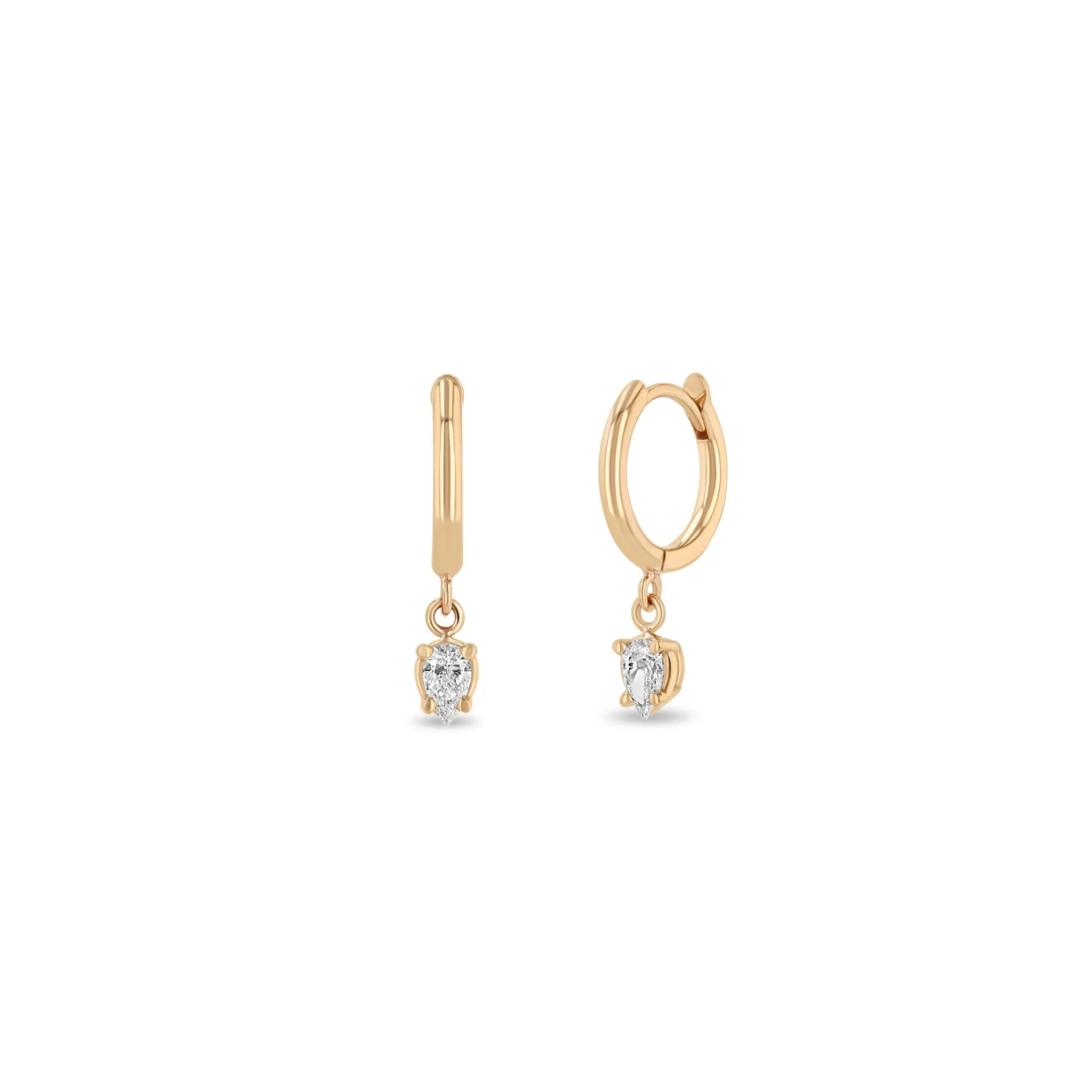 14k Dangling Pear Diamond Small Hinge Huggie Hoops