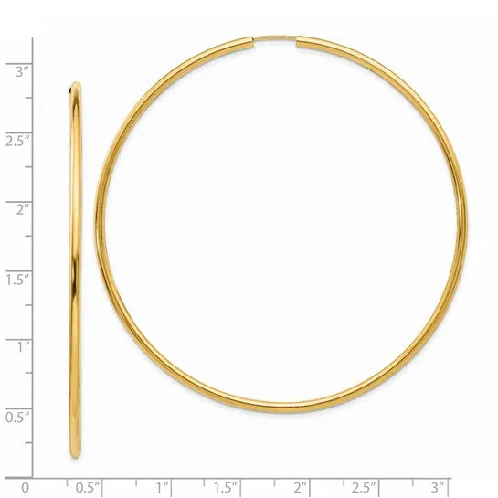 14K Gold 2 mm Wide 65 mm Endless Hoop Earrings