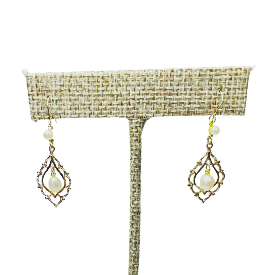 14k Gold Elegant Pearl Chandelier Dangle Ear Wire Earrings