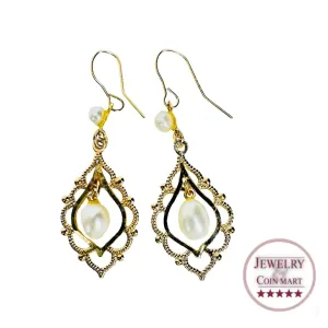 14k Gold Elegant Pearl Chandelier Dangle Ear Wire Earrings