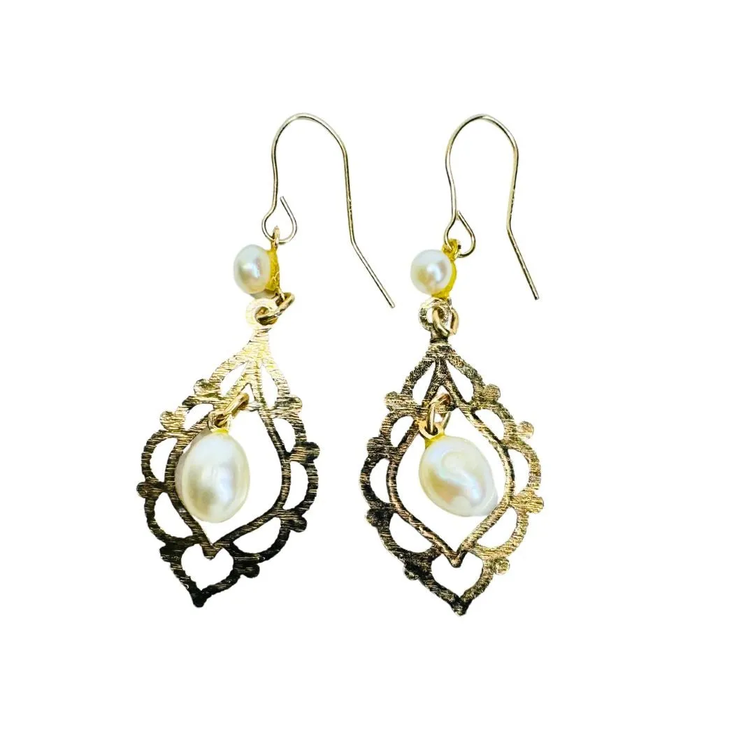 14k Gold Elegant Pearl Chandelier Dangle Ear Wire Earrings