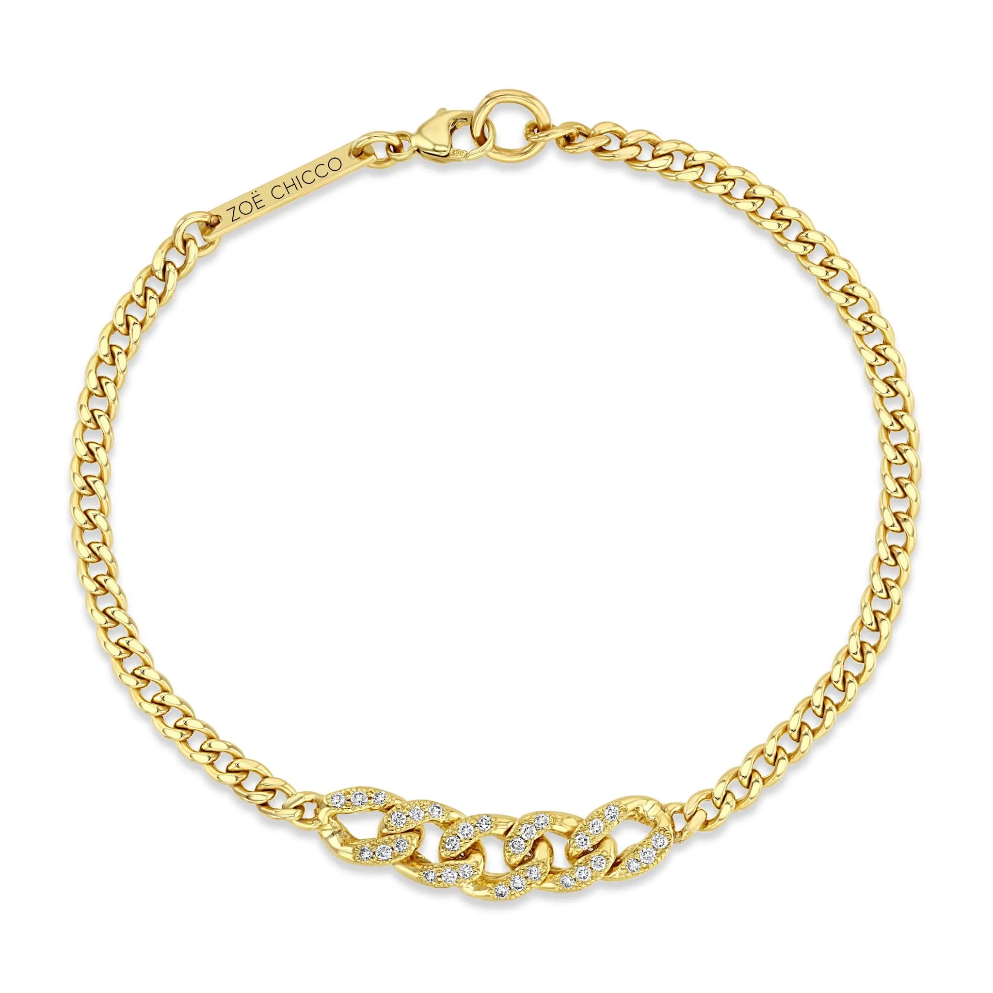 14k Small Curb Chain Bracelet with Pavé Diamond Large Curb Link Station