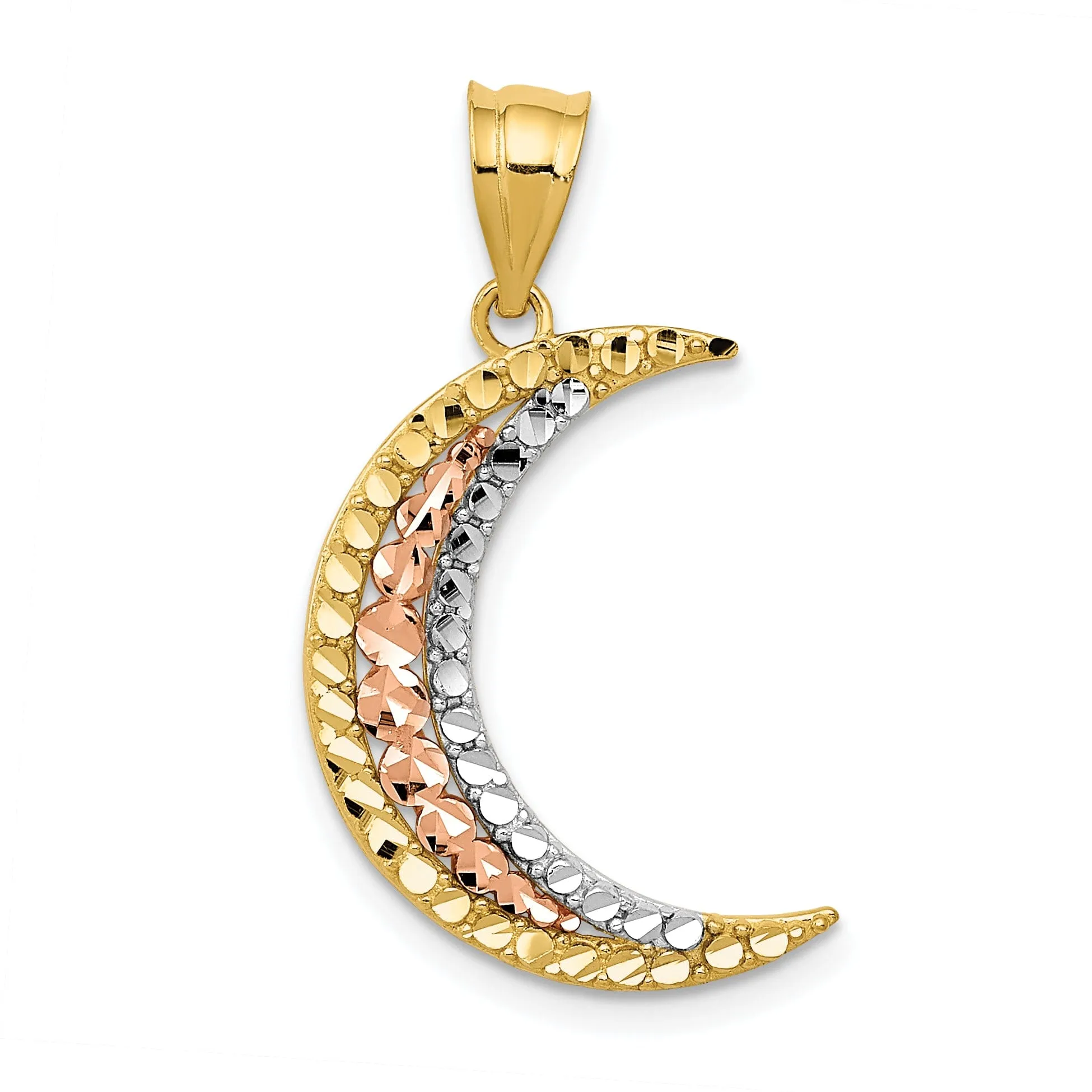 14K Two Tone Gold White Rhodium pen Back Solid Polished  Diamond Cut Finish Moon Pendant