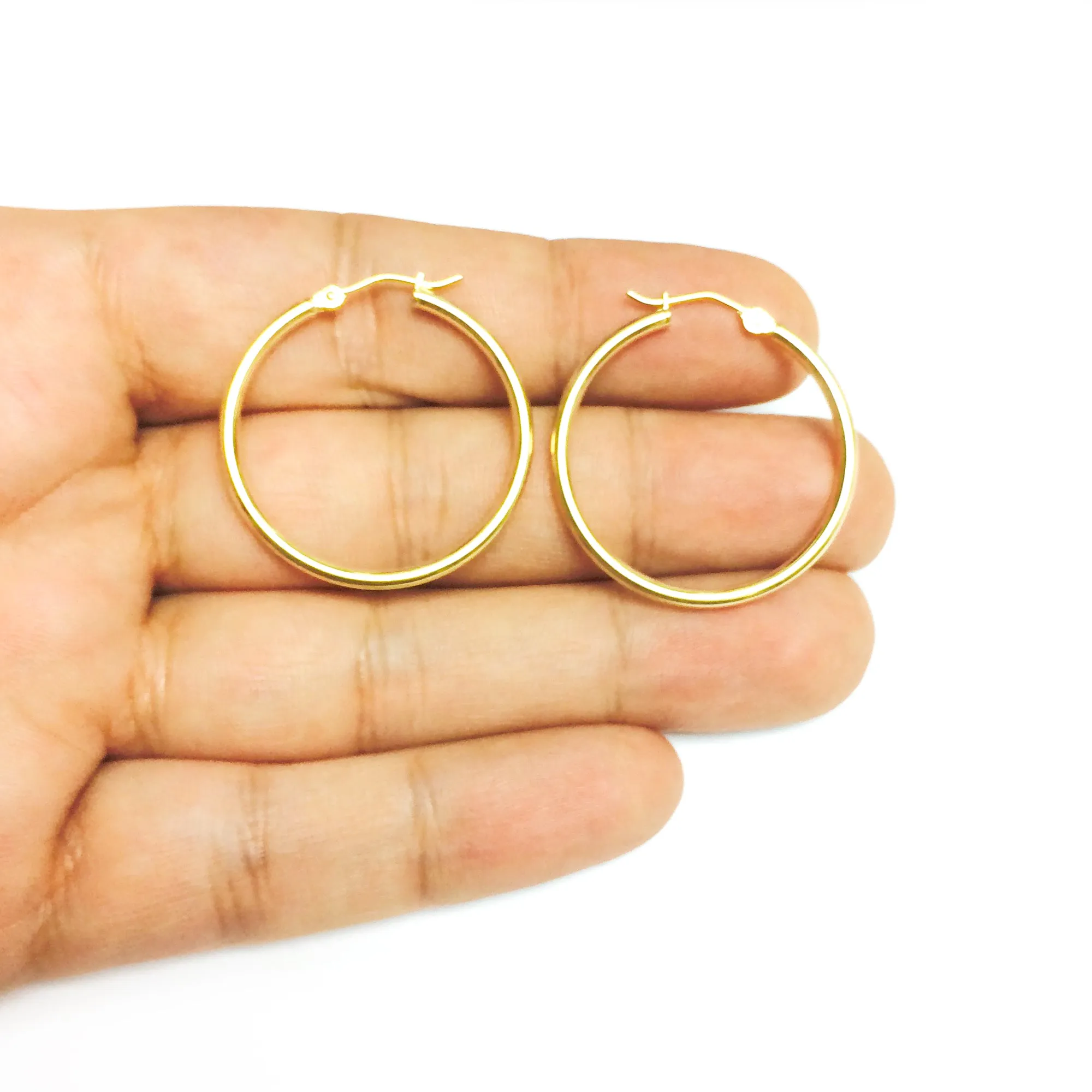 14K Yellow Gold 2MM Shiny Round Tube Hoop Earrings