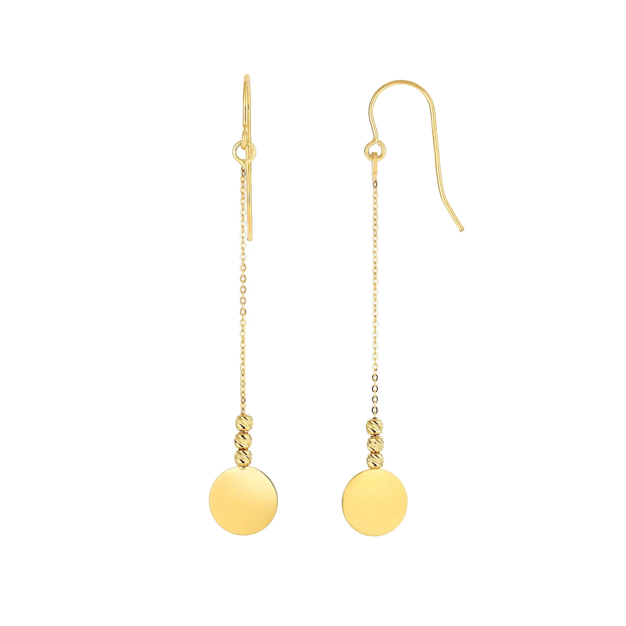 14K Yellow Gold Diamond Cut Bead With Flat Shiny Disc Drop Earrings