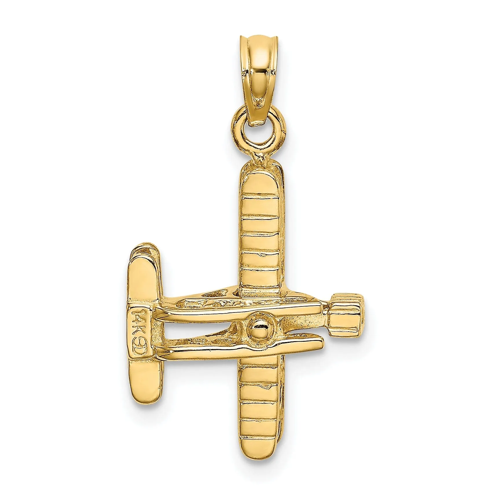 14k Yellow Gold Polished Textured Finish 3-Dimensional Bi-Air Plane with Ribbed Wings Charm Pendant