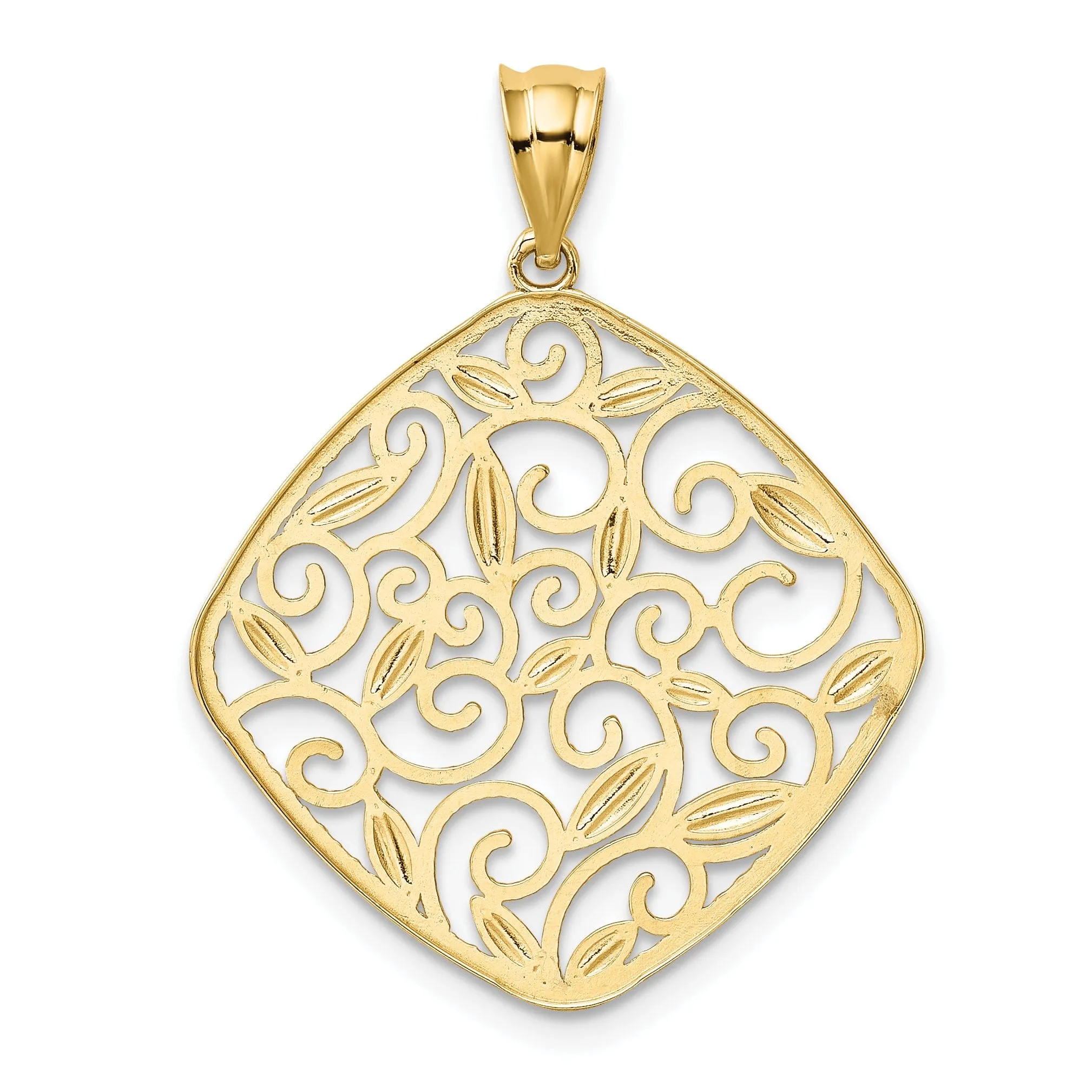 14K Yellow Gold Rhodium Solid D.C Polished Finish Filigree Swirl Beaded Design Pendant