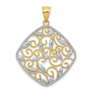 14K Yellow Gold Rhodium Solid D.C Polished Finish Filigree Swirl Beaded Design Pendant