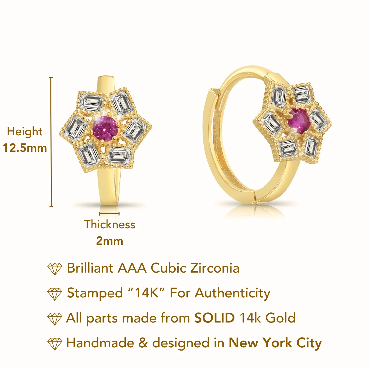 14K Yellow Gold Ruby Birthstone CZ Flower Huggies Hoop Earrings