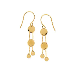 14K Yellow Gold Shiny Drop Round Discs Earrings