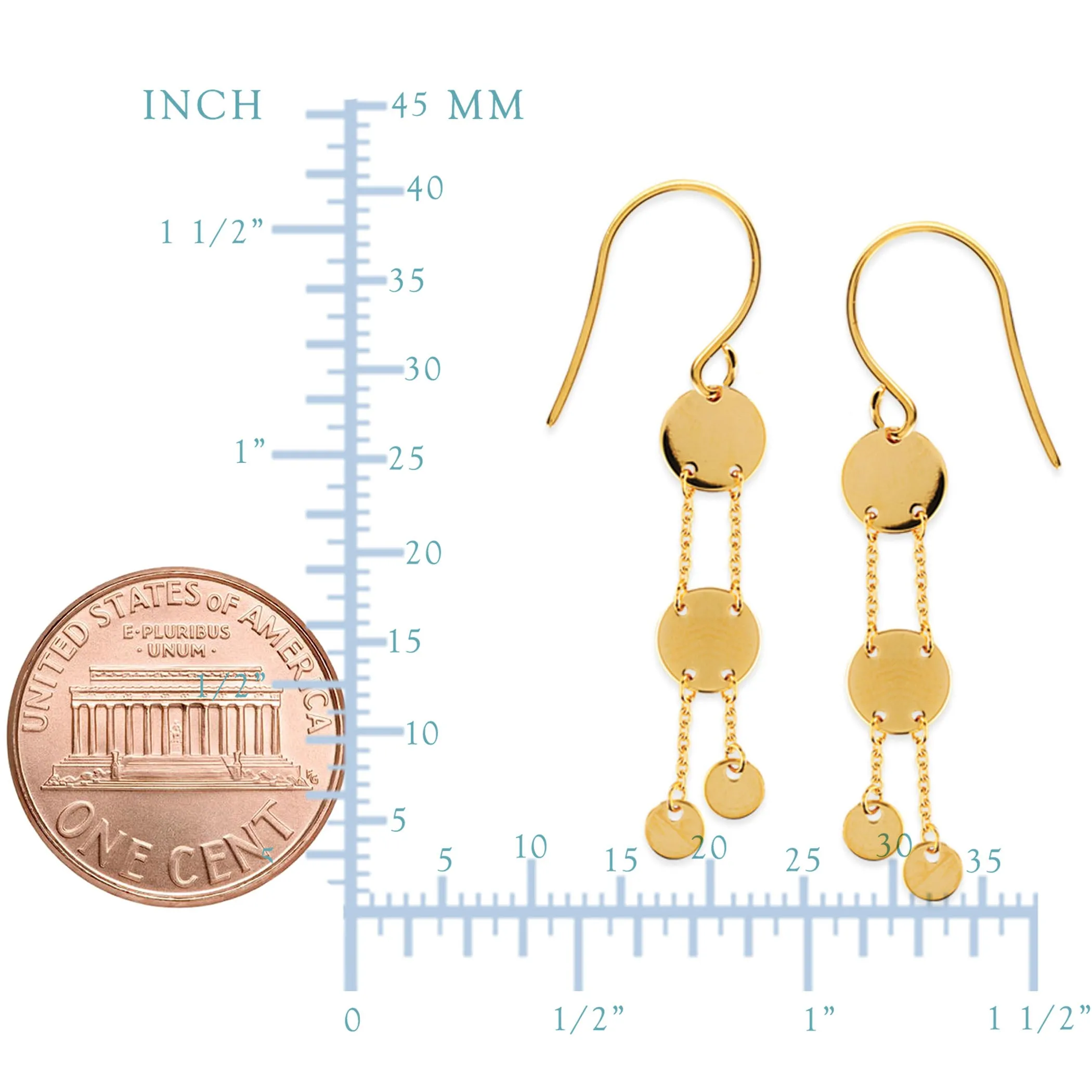 14K Yellow Gold Shiny Drop Round Discs Earrings