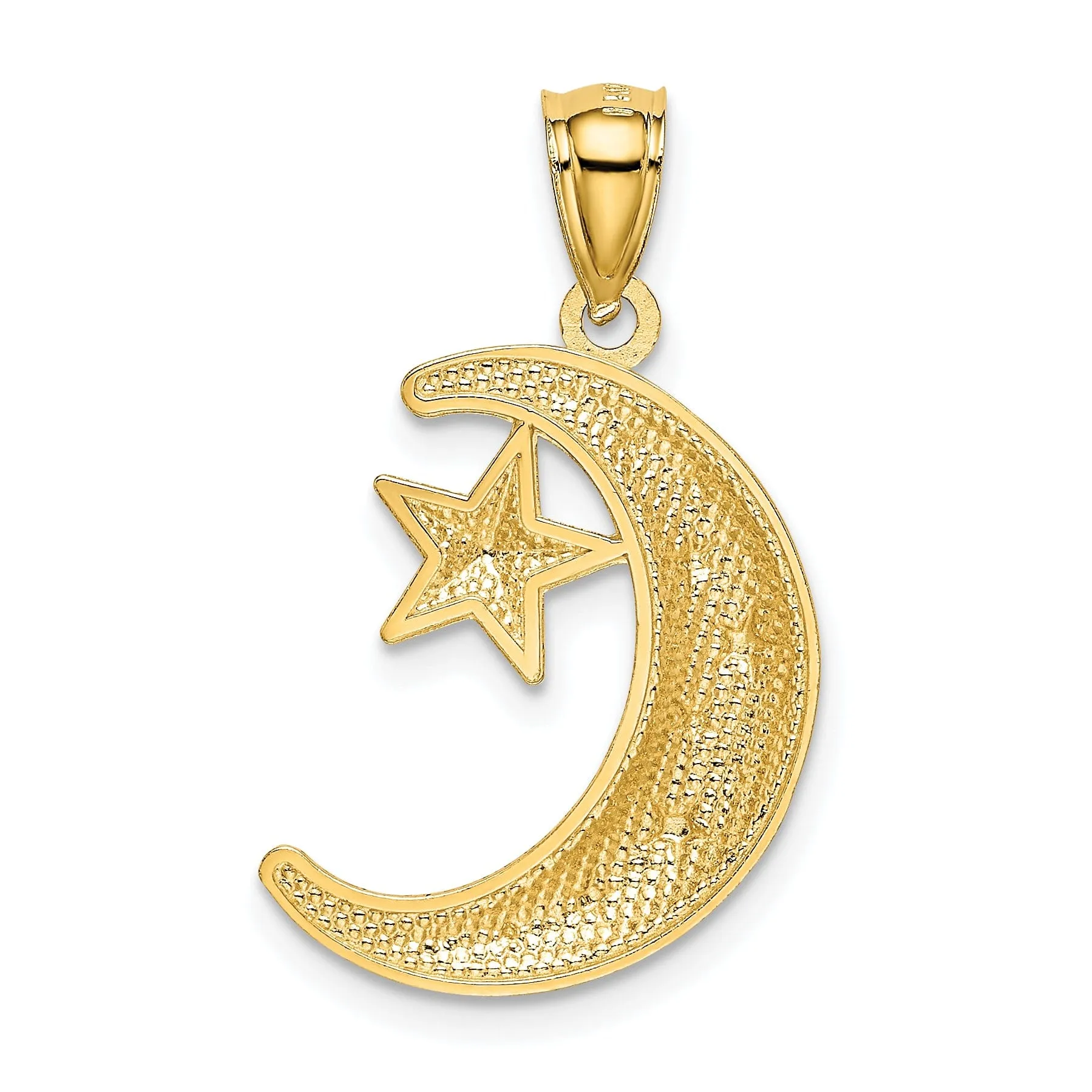 14k Yellow Gold Solid Polished Textured Finish Moon and Stars Design Charm Pendant