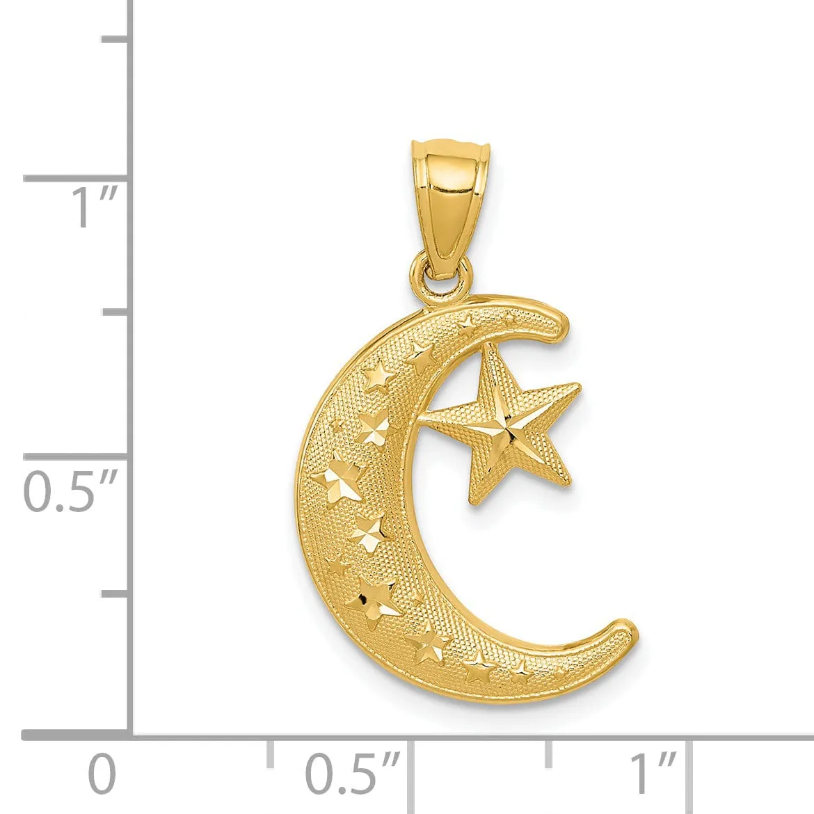 14k Yellow Gold Solid Polished Textured Finish Moon and Stars Design Charm Pendant