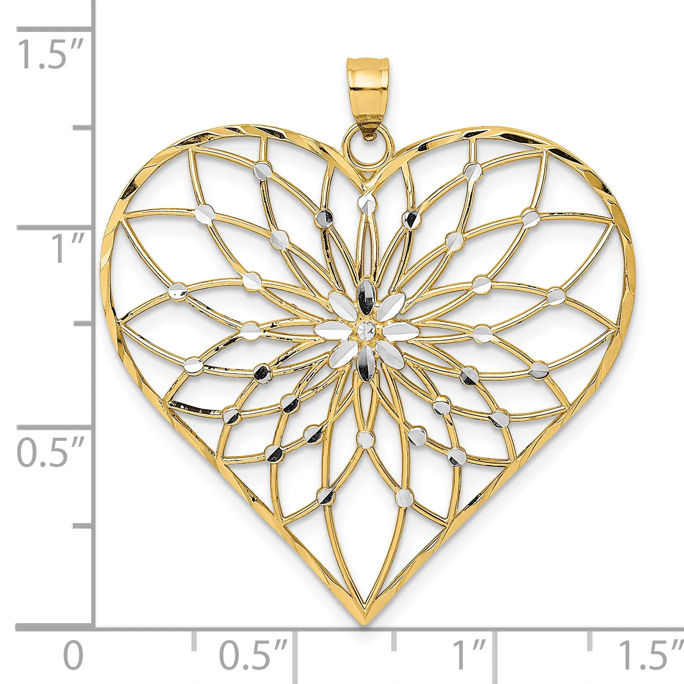 14k Yellow Gold White Rhodium D.C Large Filigree Heart Pendant