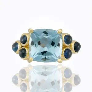 18K Classic Cushion Ring with faceted aquamarine and blue sapphire