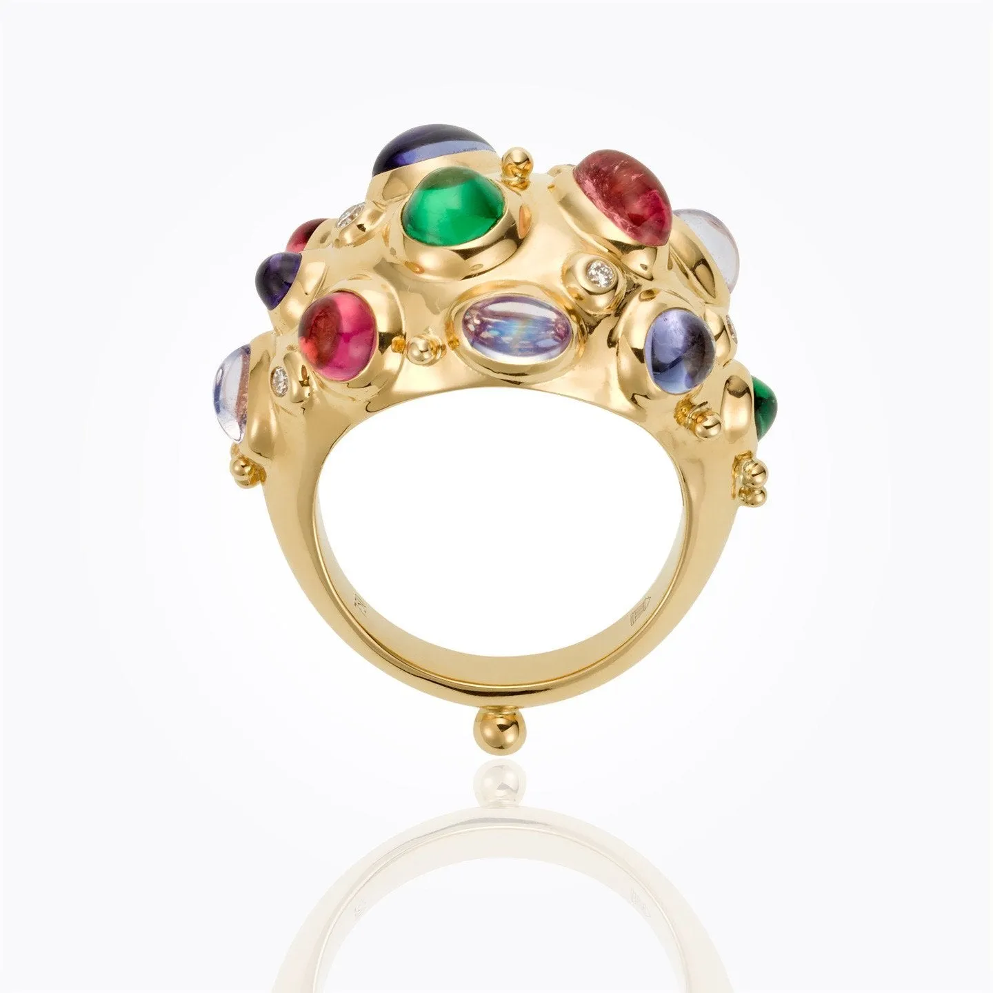 18K Cosmos Bombe Ring with royal blue moonstone, tsavorite, tanzanite, pink tourmaline and diamond