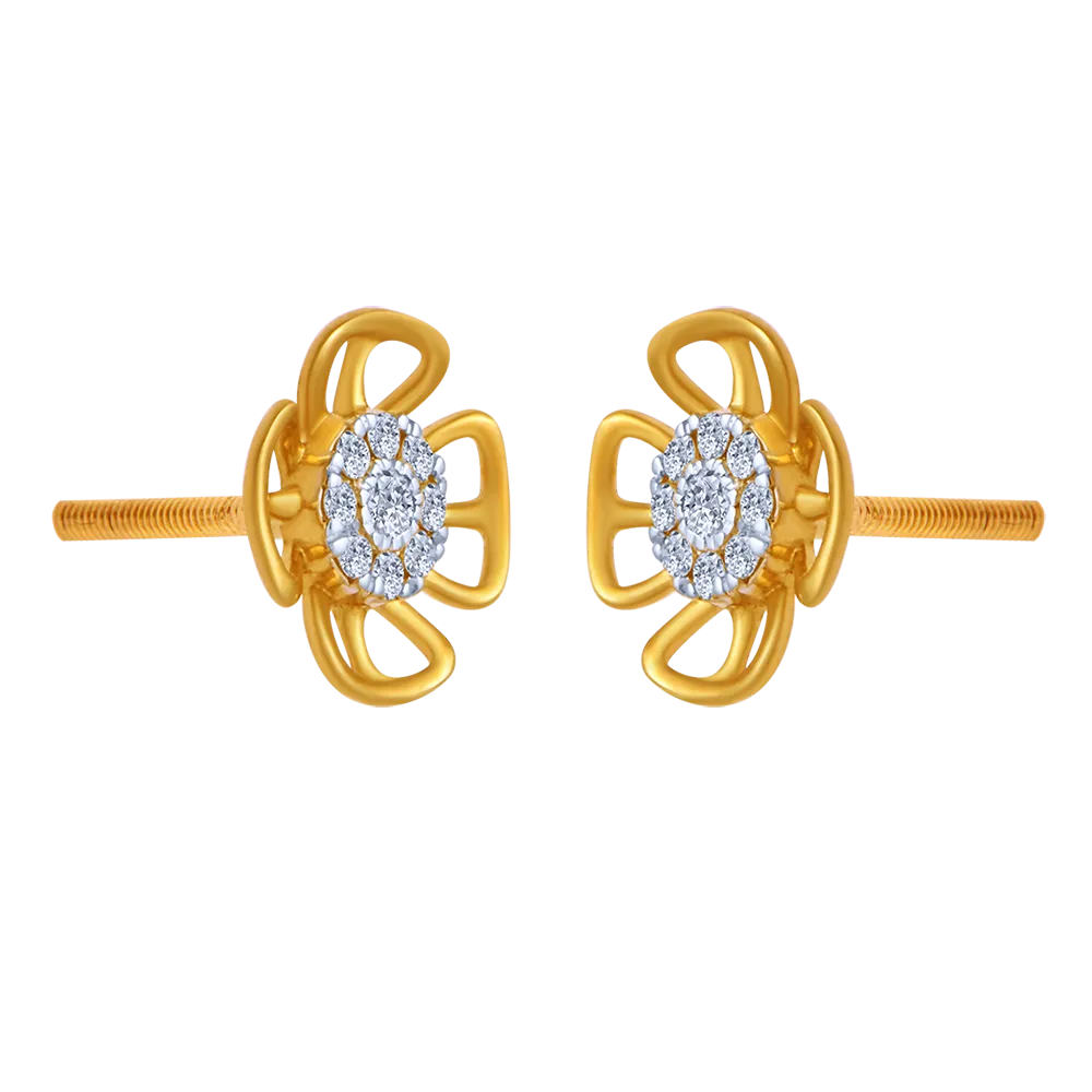 18k Dainty Gold And Diamond Floral Stud Earrings