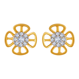 18k Dainty Gold And Diamond Floral Stud Earrings