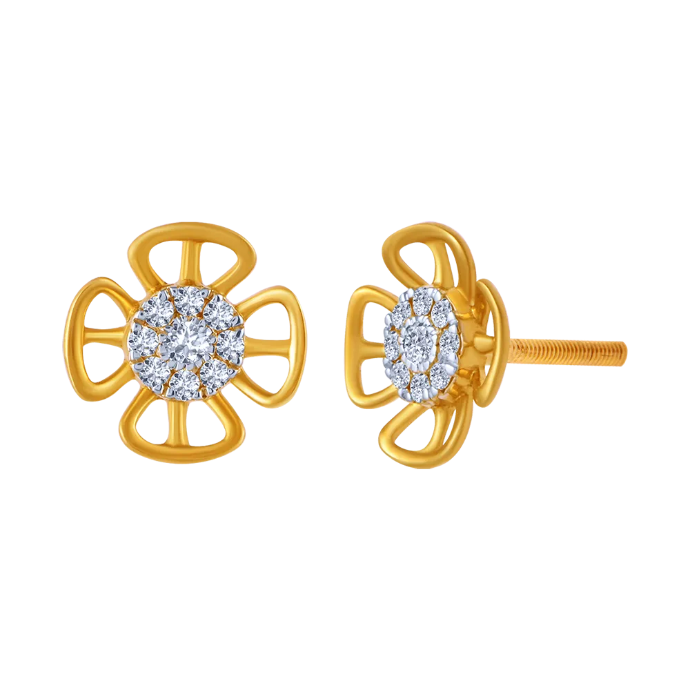 18k Dainty Gold And Diamond Floral Stud Earrings