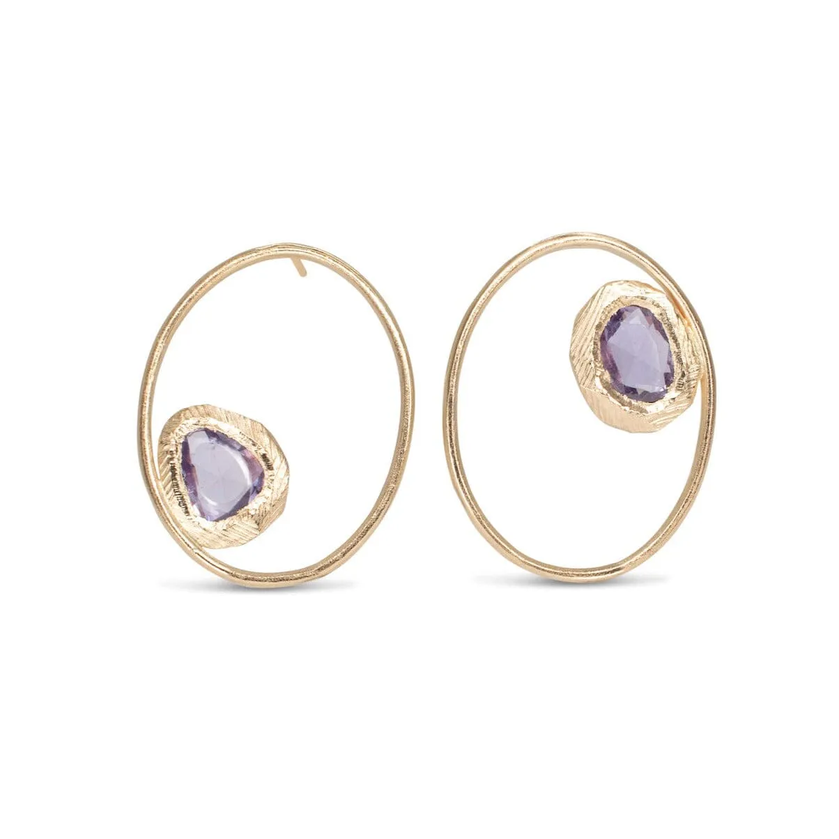 18K Large Open Oval Post Earrings with Purple Sapphire