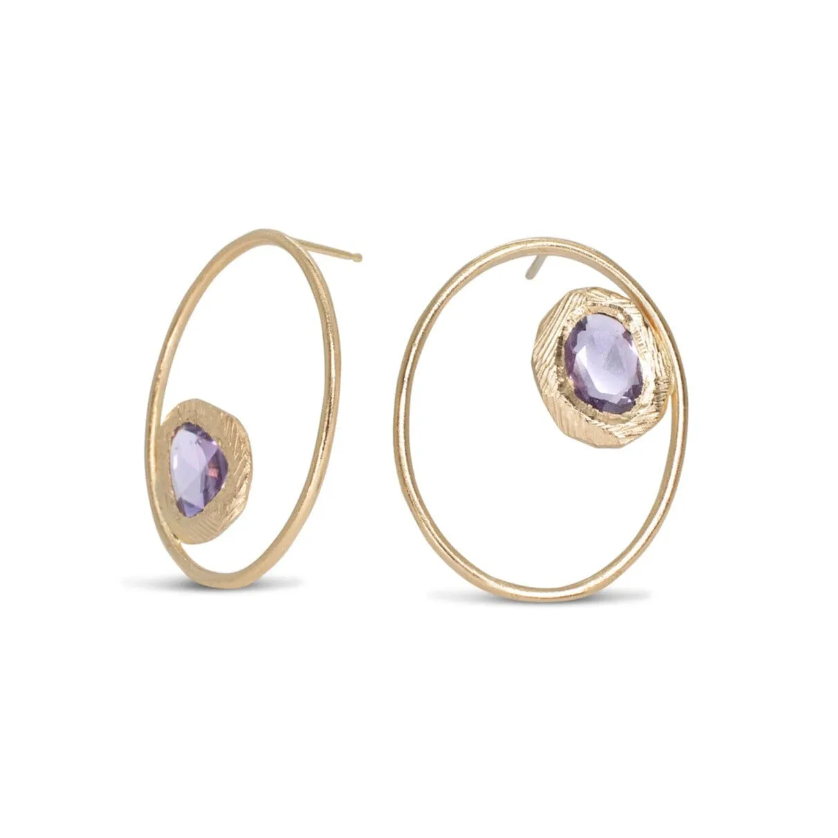 18K Large Open Oval Post Earrings with Purple Sapphire