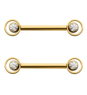 24kt Gold PVD Orbital Clear CZ Titanium Threadless Nipple Barbell