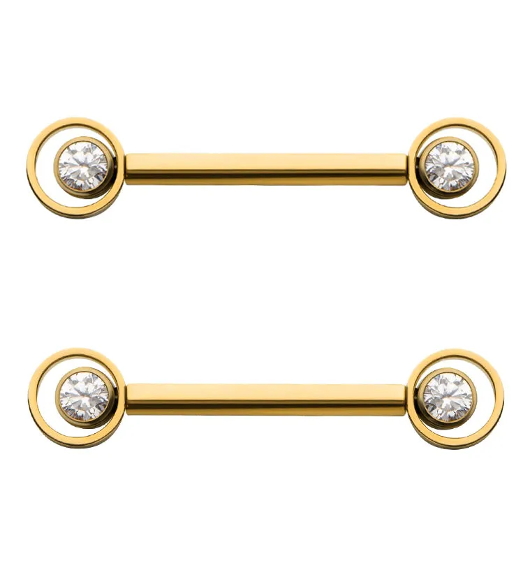 24kt Gold PVD Orbital Clear CZ Titanium Threadless Nipple Barbell