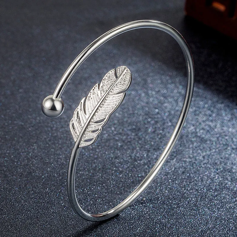 925 Plated Women's Delicate Simple Vintage Feather Bracelet