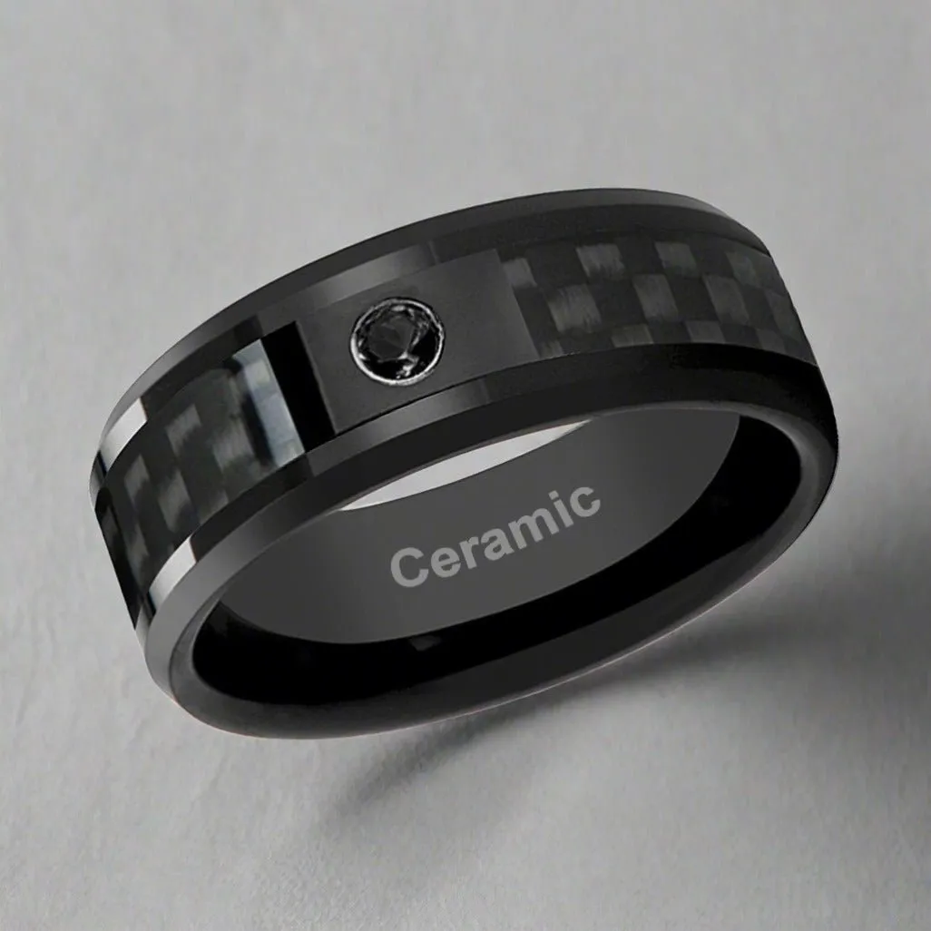 ABERDEEN | Black Ceramic Ring, Black Carbon Fiber, Black Diamond, Beveled