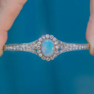 Antique 15ct Gold Opal Diamond Bangle, 1.90ct Diamonds