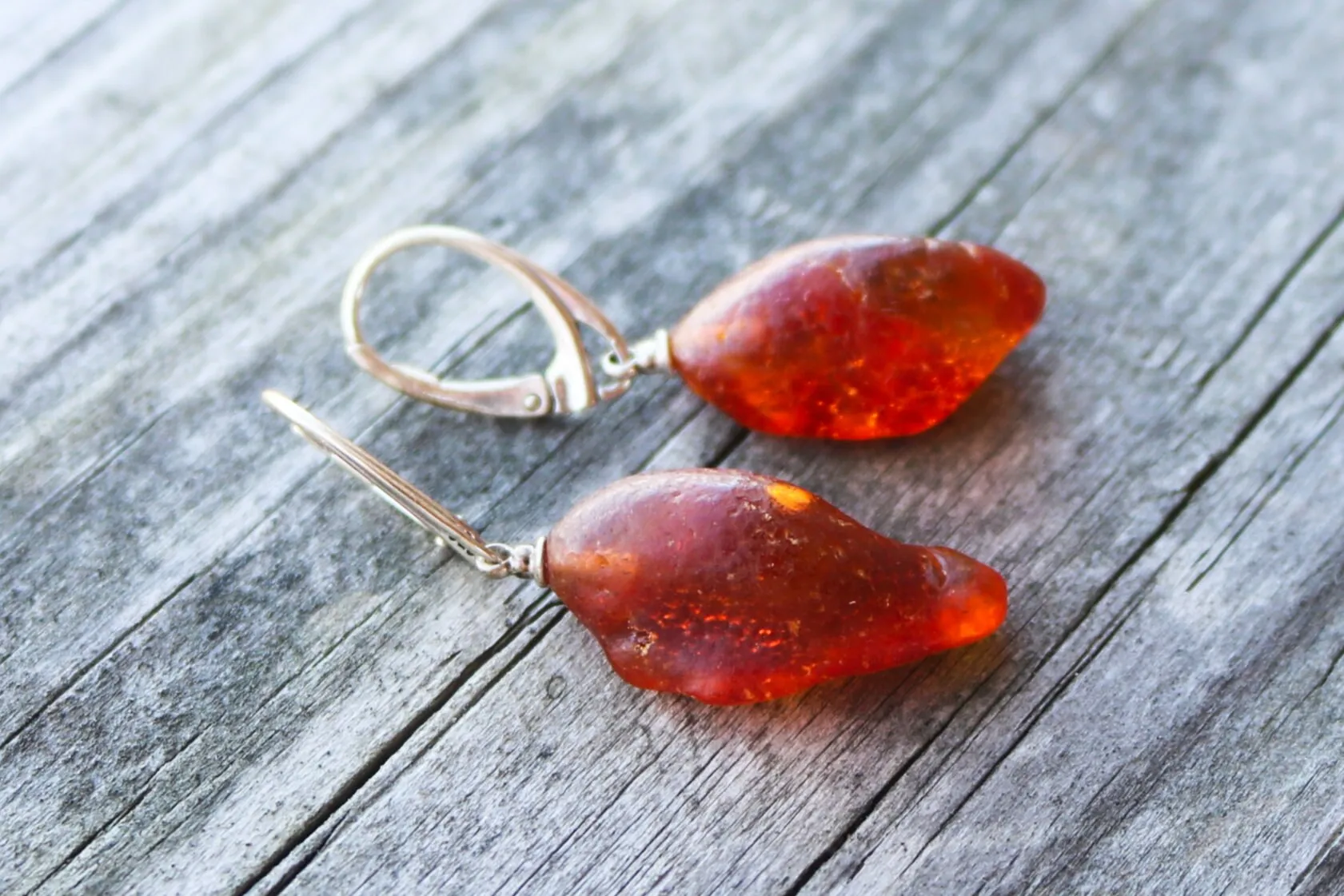 Baltic Amber Earrings Raw Nodule Natural Untreated Drops 1.8" 4.3 gram 925 Silver