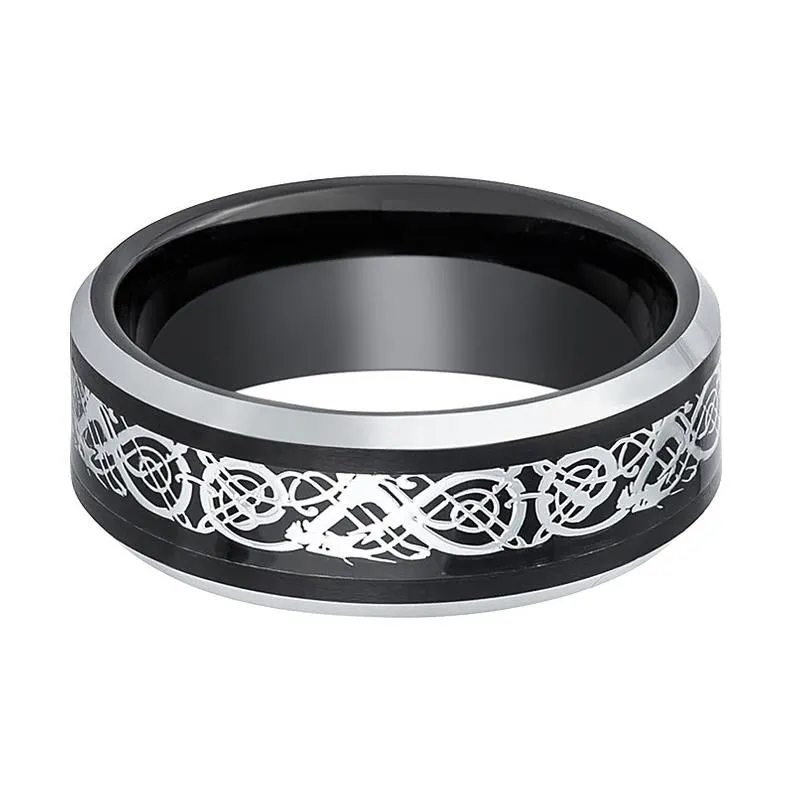 BETTLER | Black Tungsten Ring, Celtic Cut-Out Design, Silver Beveled