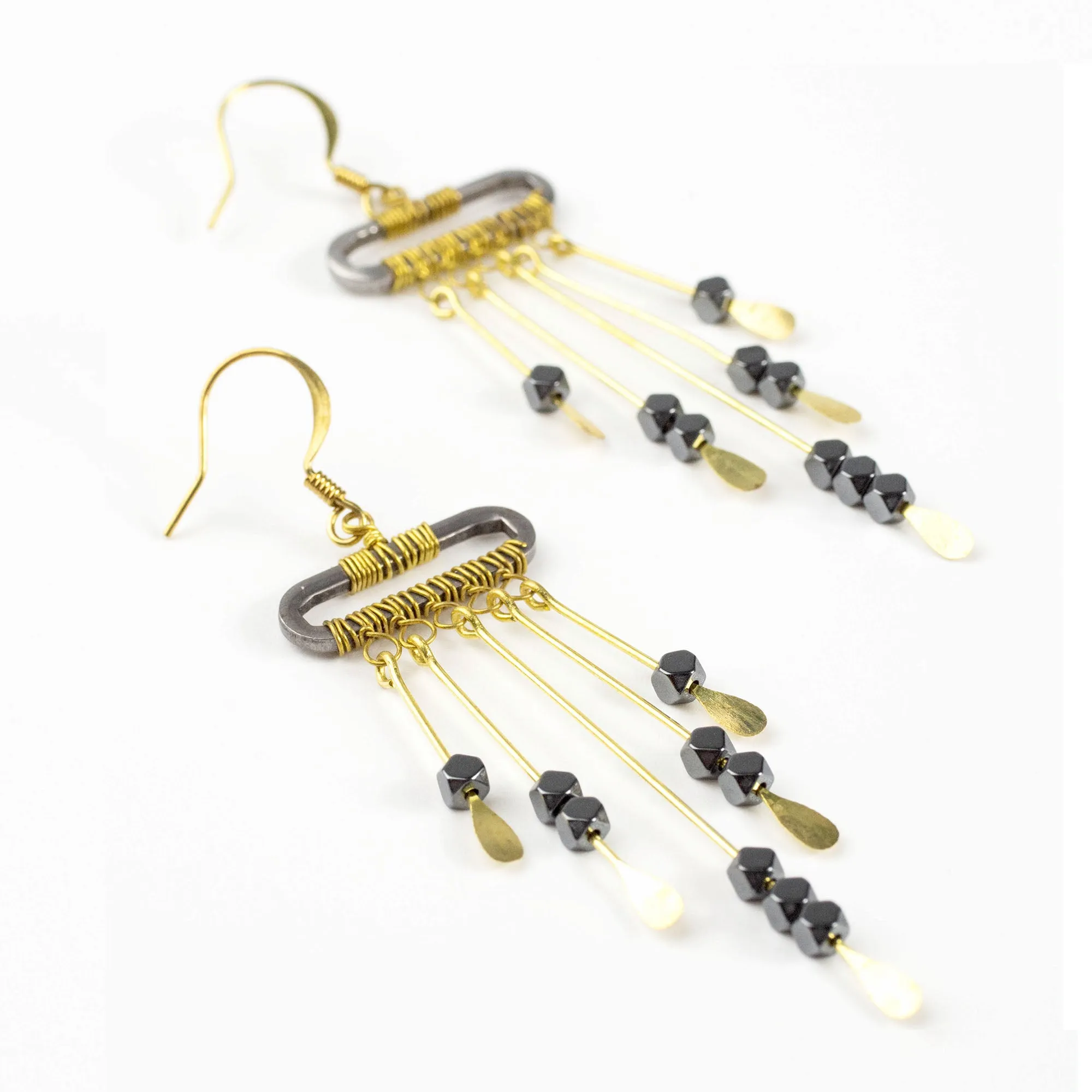 Black Beads Bar Brass Earrings