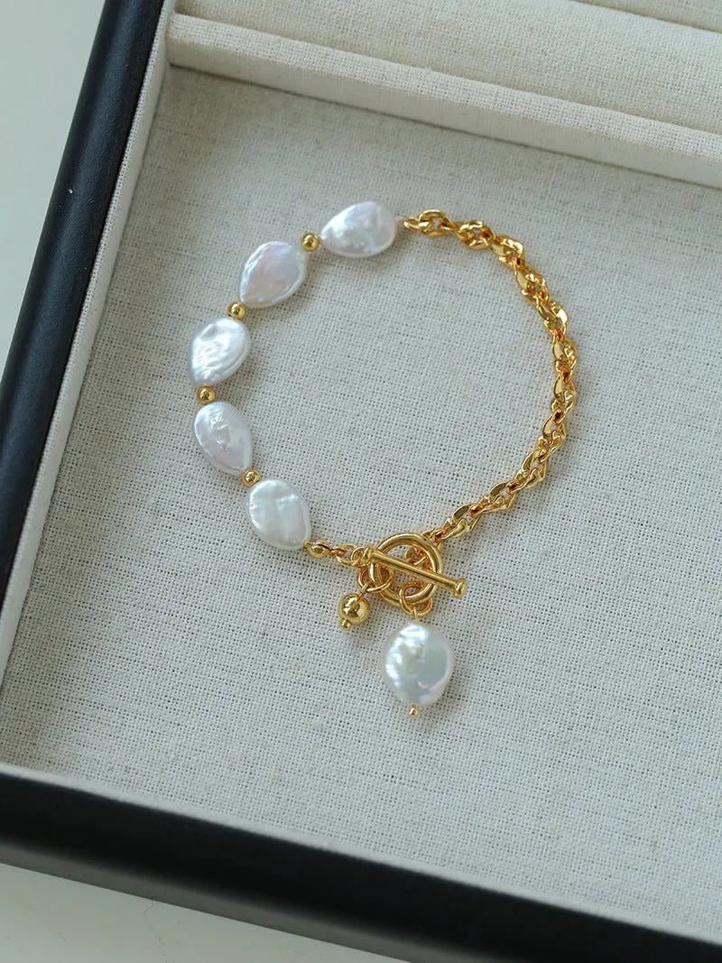 Chain Stitching Teardrop Baroque Pearl Y Shaped Bracelet