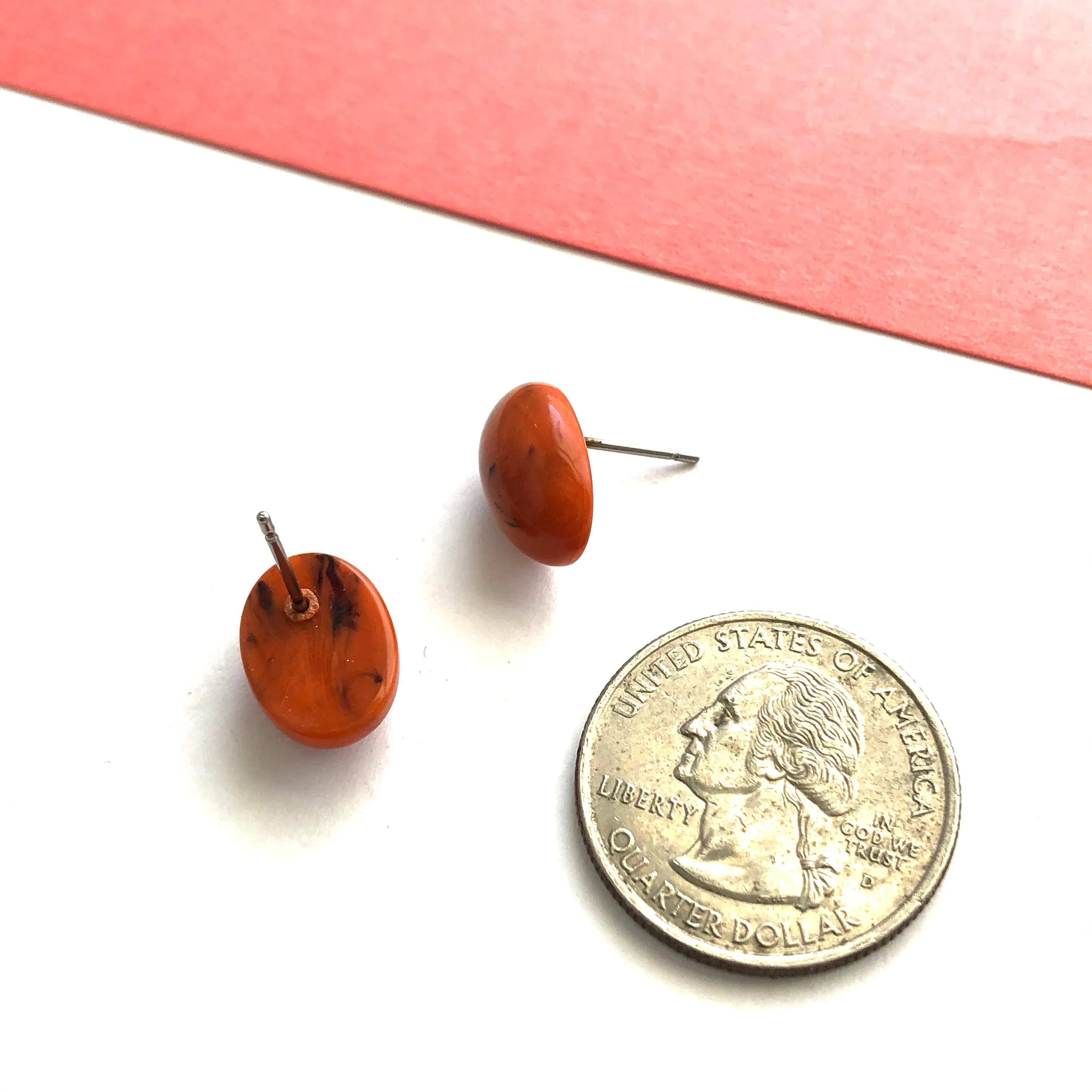 Coral Marbled Oval Button Stud Earrings