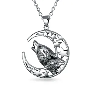 Crescent Moon & Stars Pendant Necklace Werewolf Howling Wolf Oxidized Silver