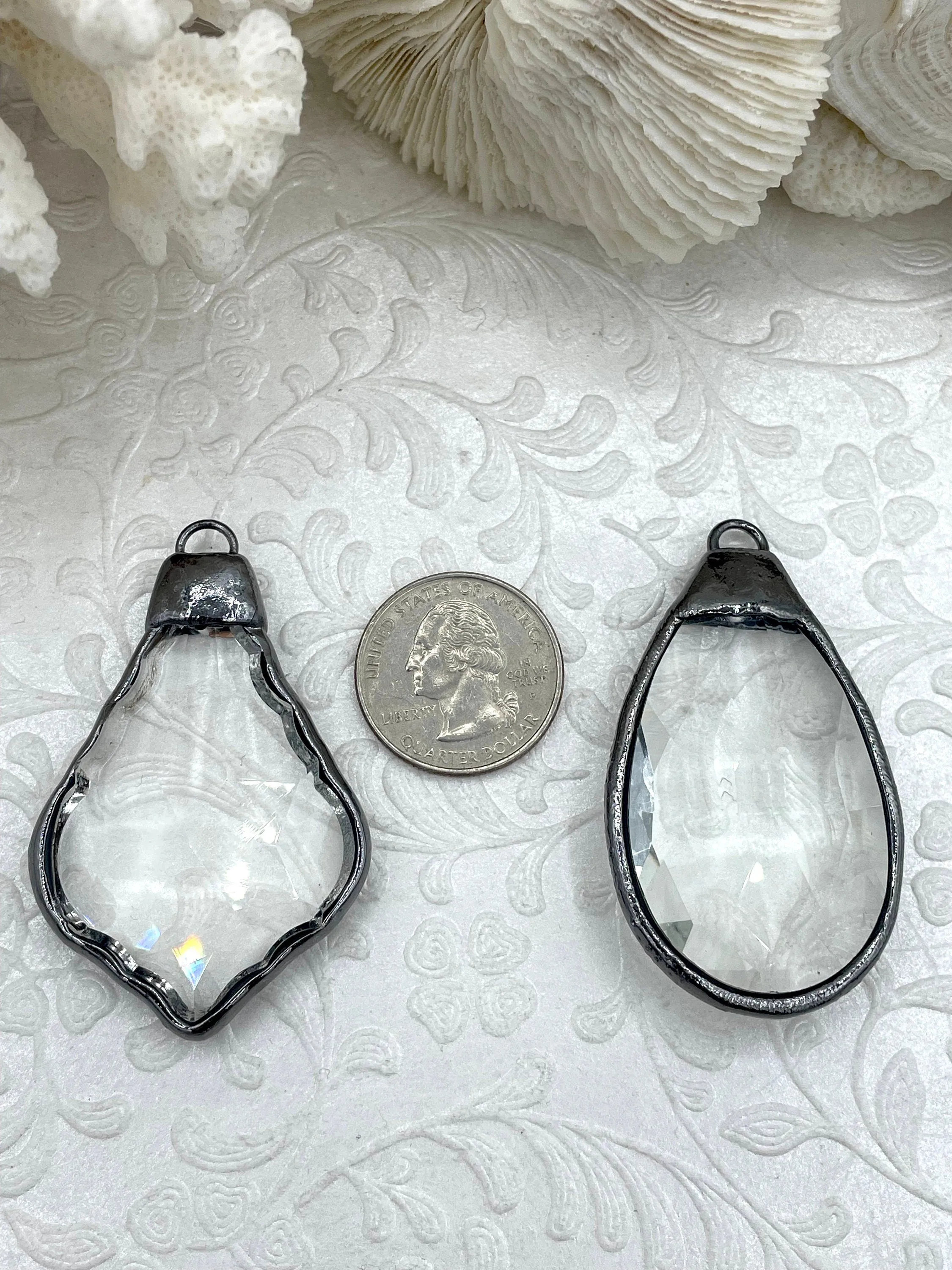 Crystal Gunmetal Soldered Pendants and charms. Clear Glass Crystals, Teardrop, Round & Oval, 4 Styles to choose from. Fast Shipping