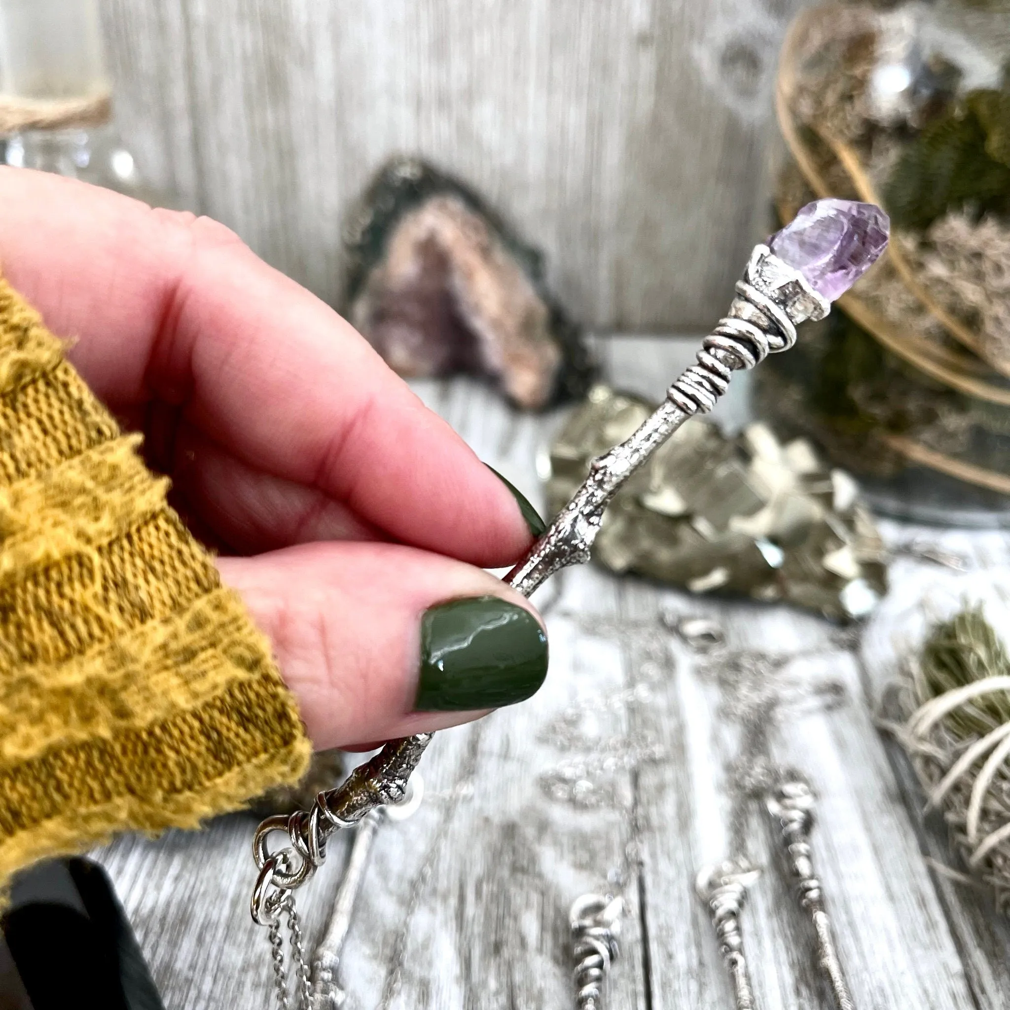 Crystal Wand Necklace Fine Silver Raw Amethyst  Necklace / Wizard Witches Wand Necklace Pendant