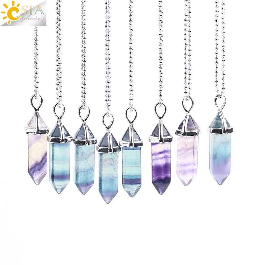 CSJA Fluorite Necklaces Crystal Pendants Suspension Natural Gem Stone Quartz Bullet Hexagonal Pendulum Reiki Chakra pendulo E546