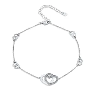 Cubic Zirconia Hearts Charm Anklet Ankle Bracelet Sterling Silver