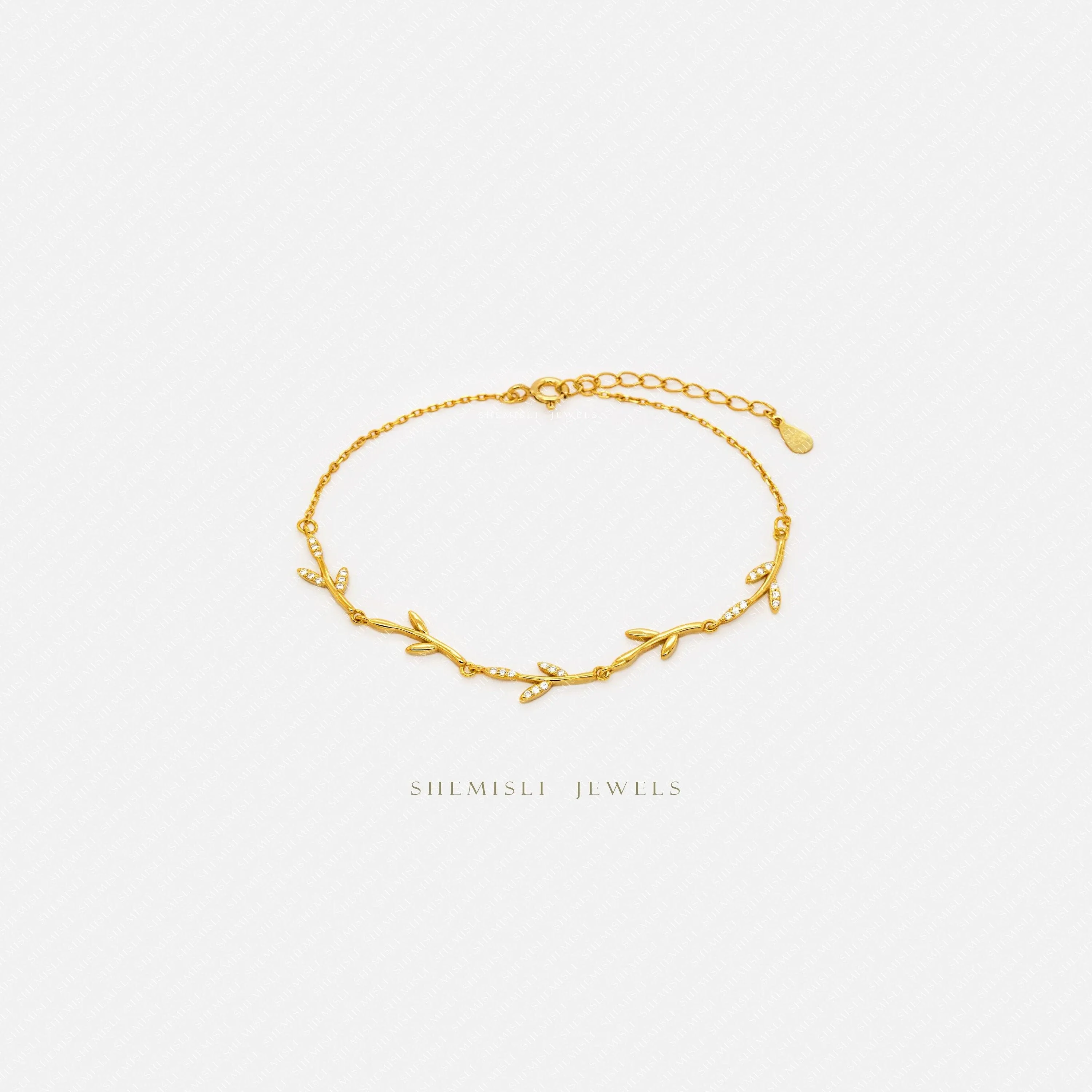 Dainty Leaf CZ Links Bracelet, Silver or Gold Plated  (6.25"   1.25") SHEMISLI - SB009