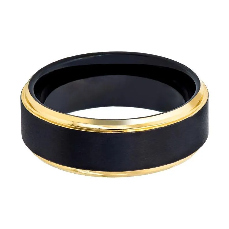 DEIMOS | Black Tungsten Ring, Brushed, Gold Stepped Edge