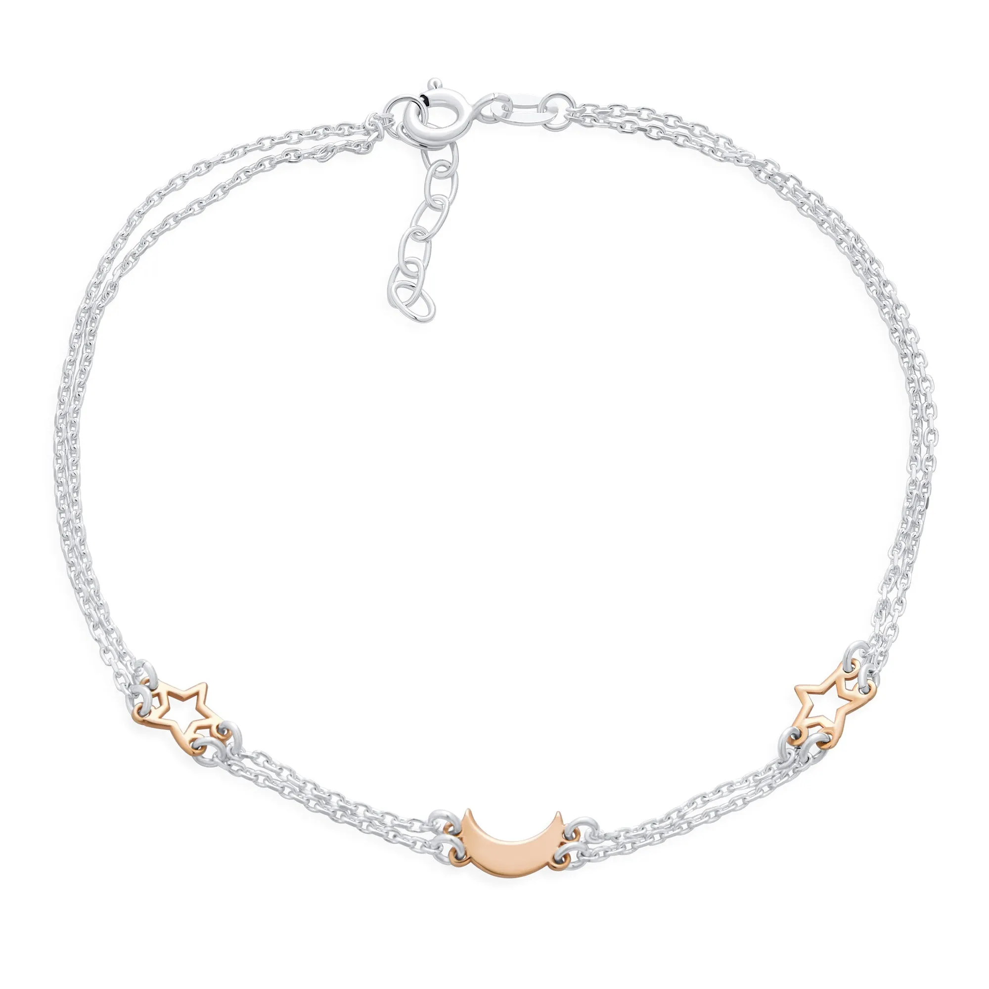 Double Chain Moon & Stars Anklet Ankle Bracelet Rose Gold Sterling Silver