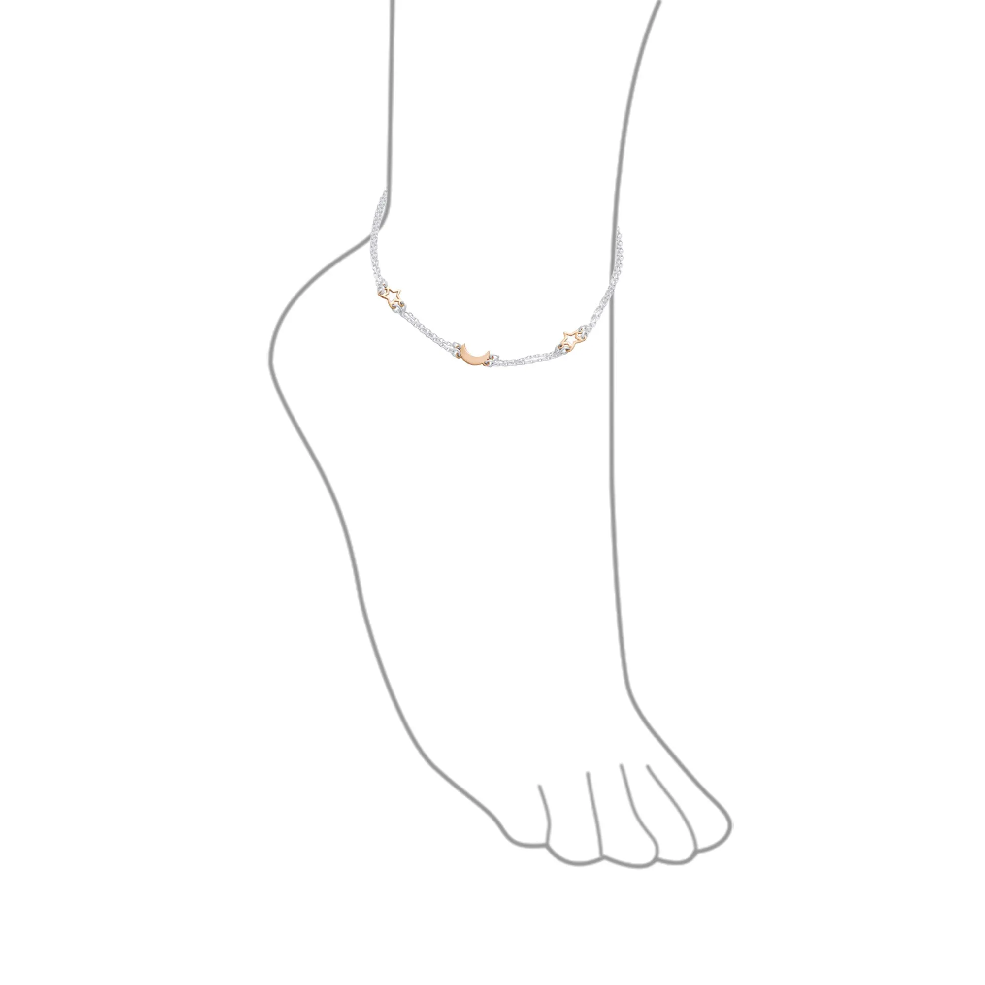 Double Chain Moon & Stars Anklet Ankle Bracelet Rose Gold Sterling Silver