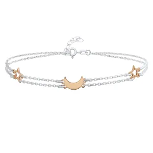 Double Chain Moon & Stars Anklet Ankle Bracelet Rose Gold Sterling Silver