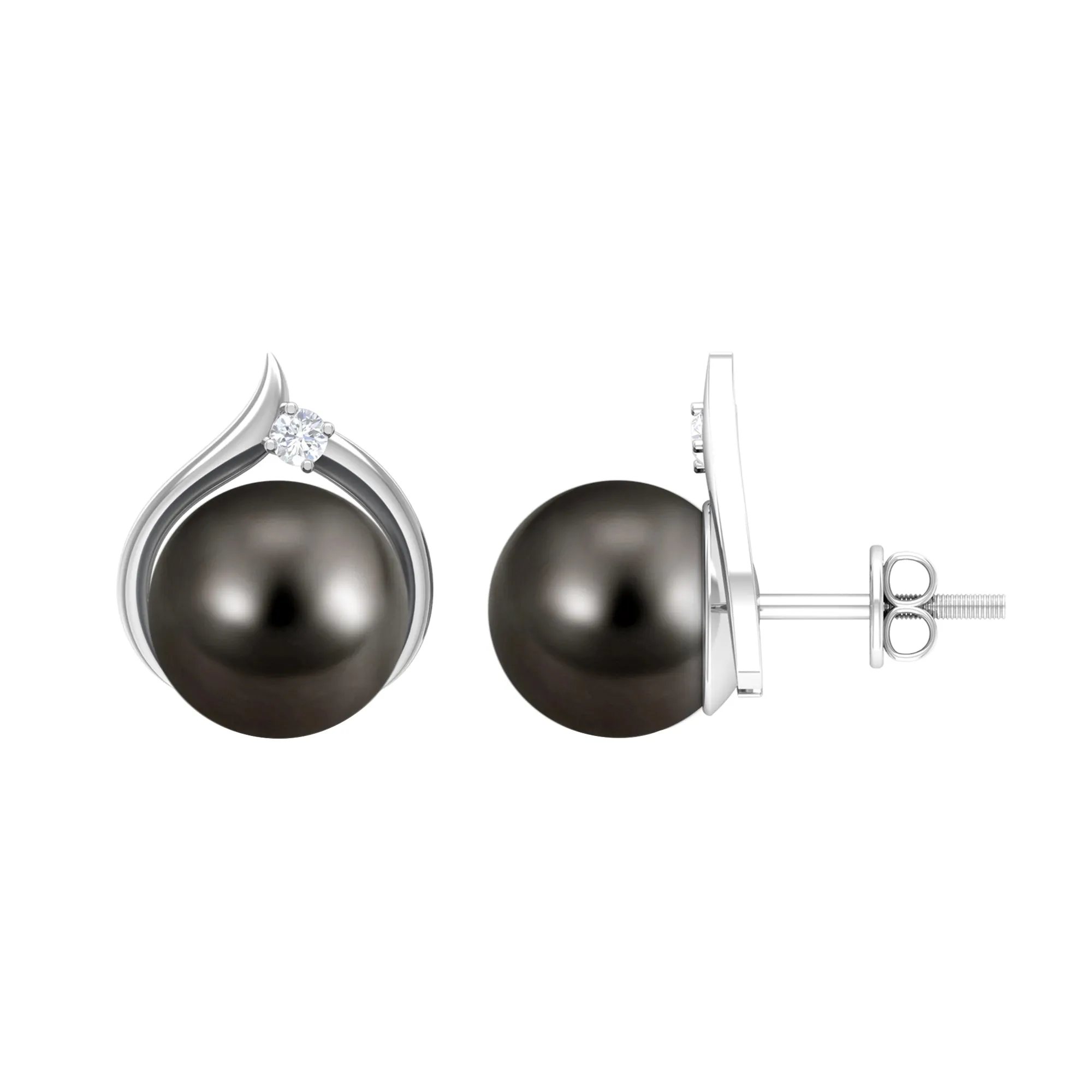 Elegant Black Pearl Solitaire Stud Earrings with Diamond